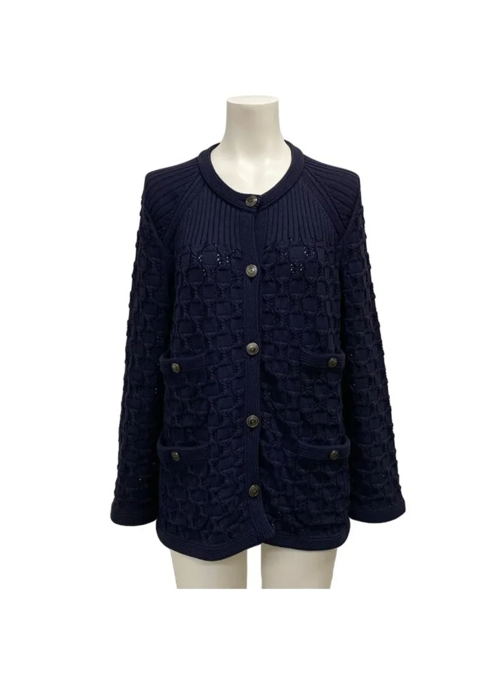 Chanel Cardigan M Navy Long Sleeve Cotton